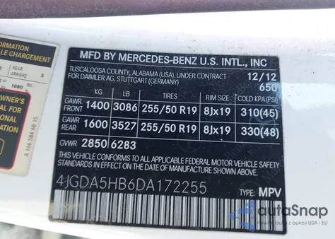 2013 Mercedes-Benz Ml 350 4Matic from USA, damaged, VIN 4JGDA5HB6DA172255